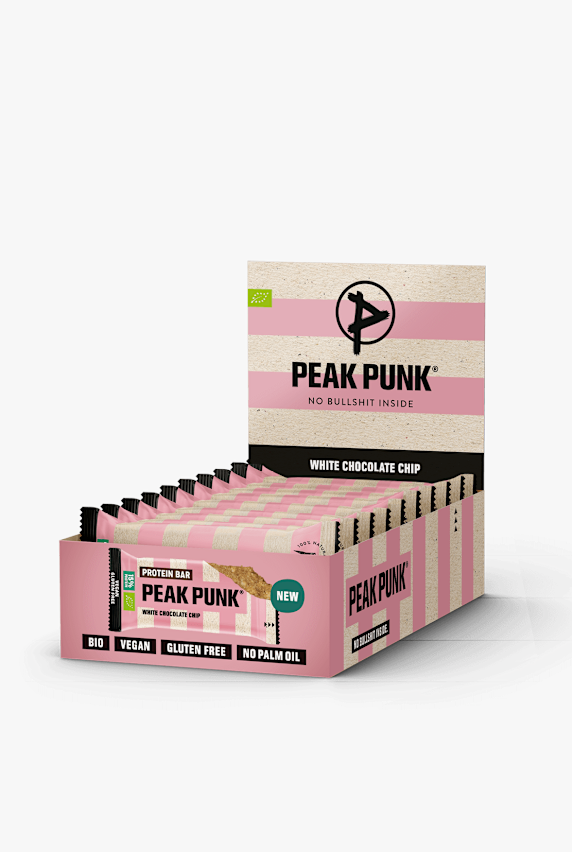 Peak Punk Bio Protein White Chocolate Chip 12 x 55 g Sportriegel Braun 51602 1
