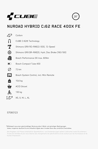 CUBE Nuroad Hybrid C:62 Race 400X FE 28 e-gravel bike Grigio