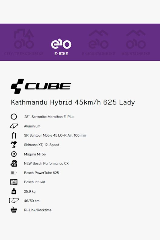 CUBE Kathmandu Hybrid 45kmh 625 28 e-bike femmes 2020